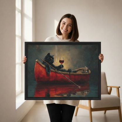 Black cat red boat wine oil painting wall art — framed canvas print shown in a cozy bedroom setting