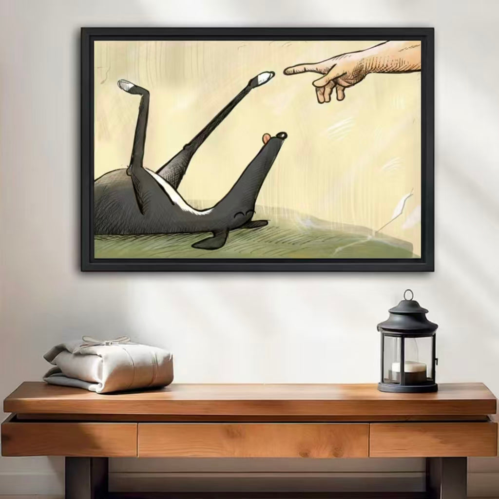 Funny dog belly rub Creation of Adam parody framed canvas wall art above wooden console table