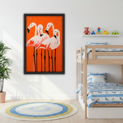 Tropical flamingo modern art framed canvas print adding vibrant color to bedroom wall decor