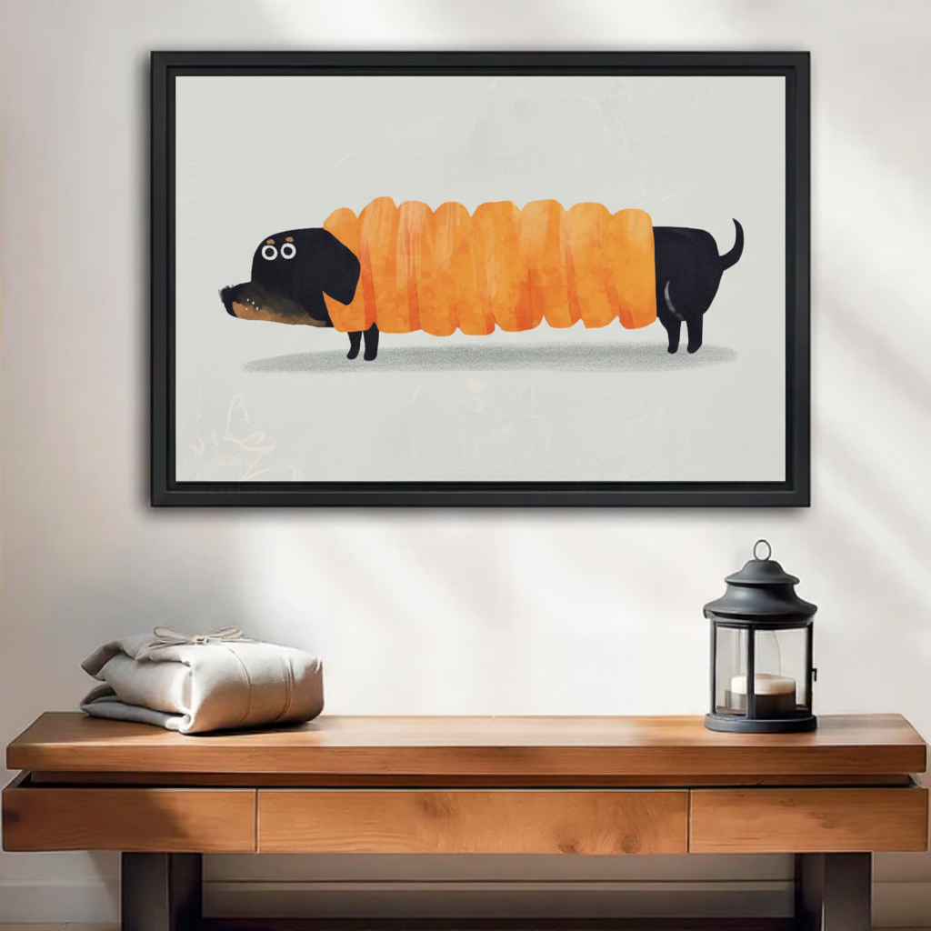 Funny dachshund wrapped in bread body canvas wall art in black floater frame — quirky whimsical dog print for living room