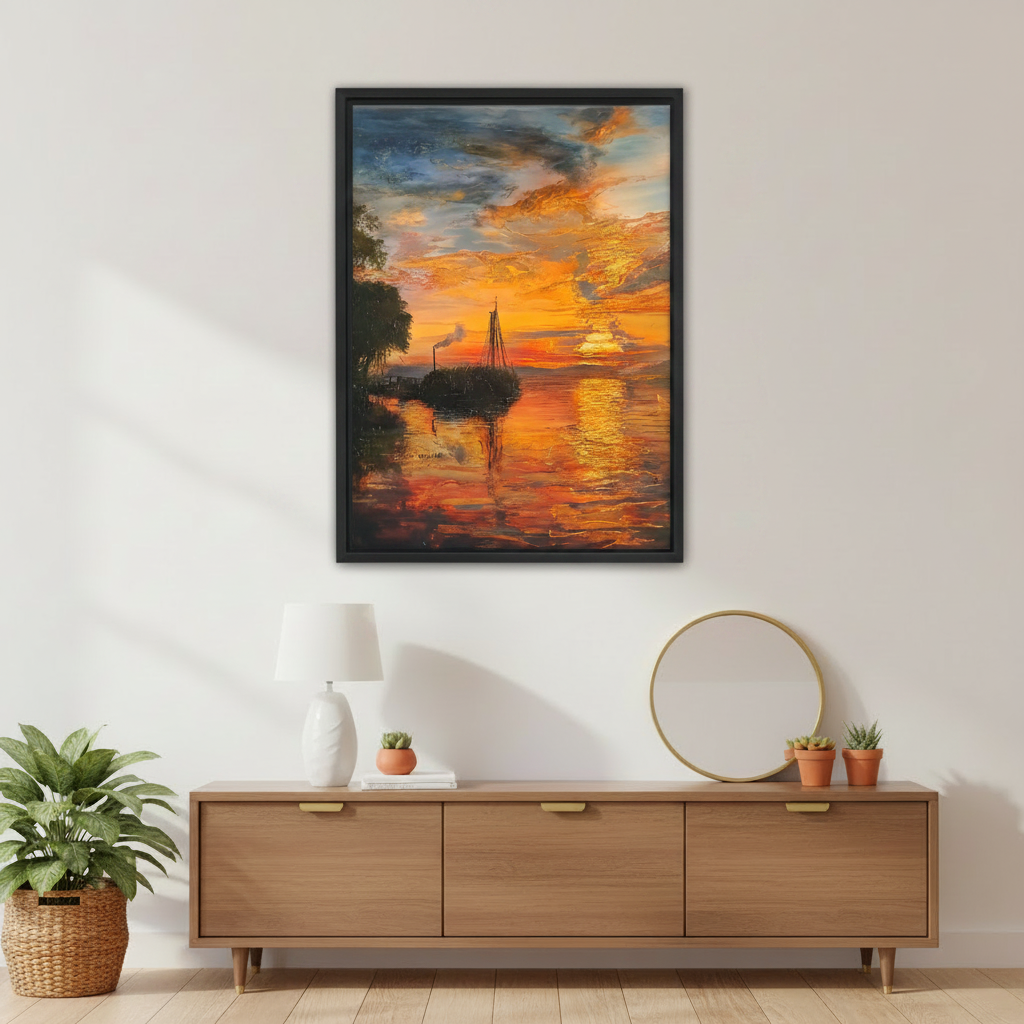 Golden sunset sailboat impasto canvas wall art print in premium wood frame – warm golden-hour seascape for wall decor