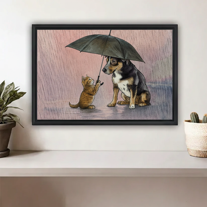 Cat and Dog Rainy Day Canvas Wall Art - Heartwarming Framed Print for Home Decor