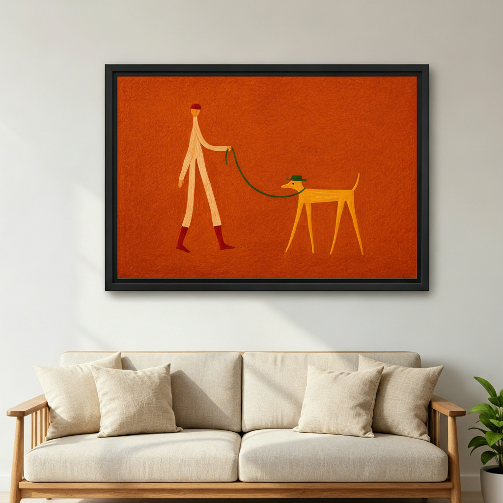 Walk the Dog minimalist folk art print — frameless gallery wrap canvas displayed above an entryway console