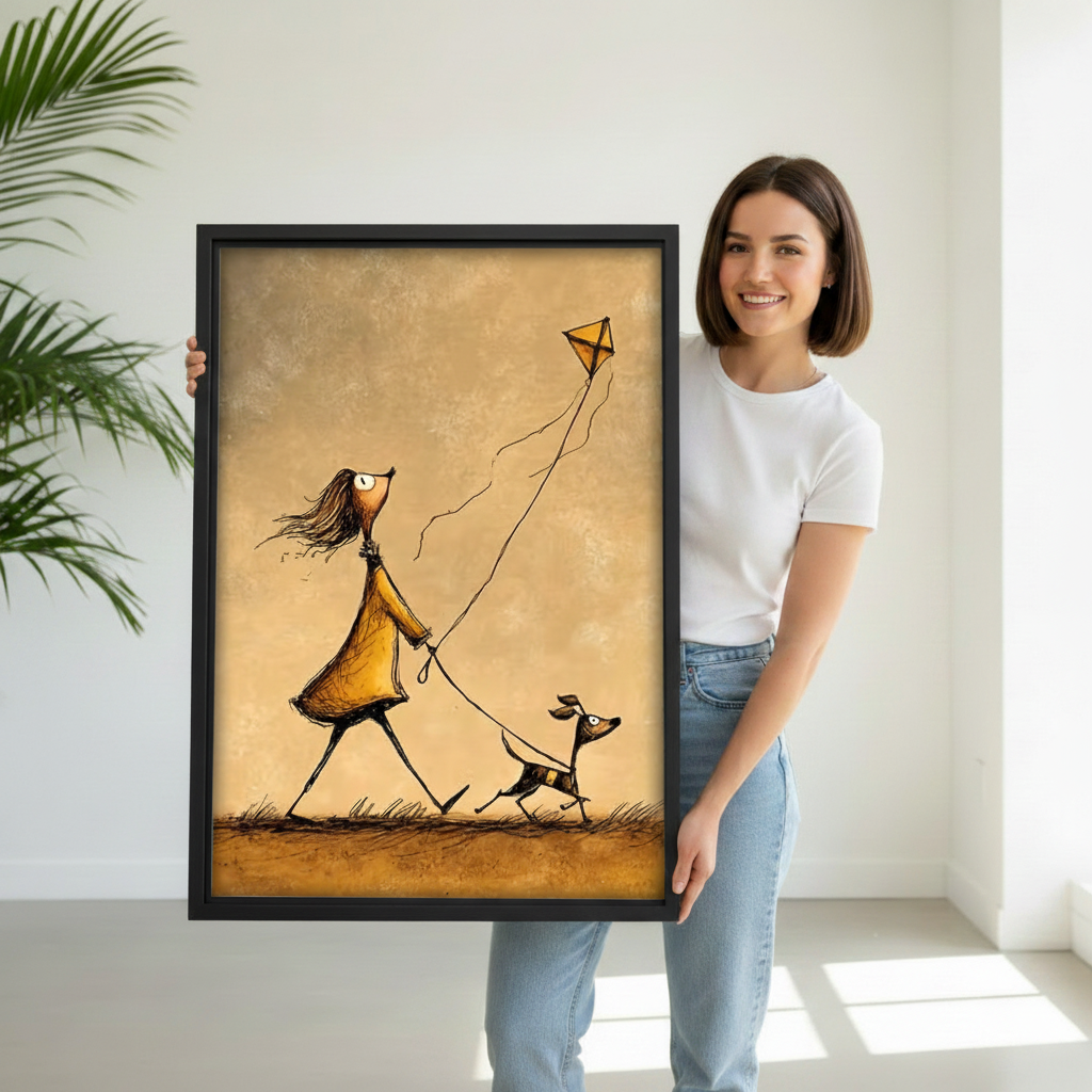 Girl and dog kite canvas wall art no frame gallery wrap in dining room, whimsical warm tones print for eclectic home decor