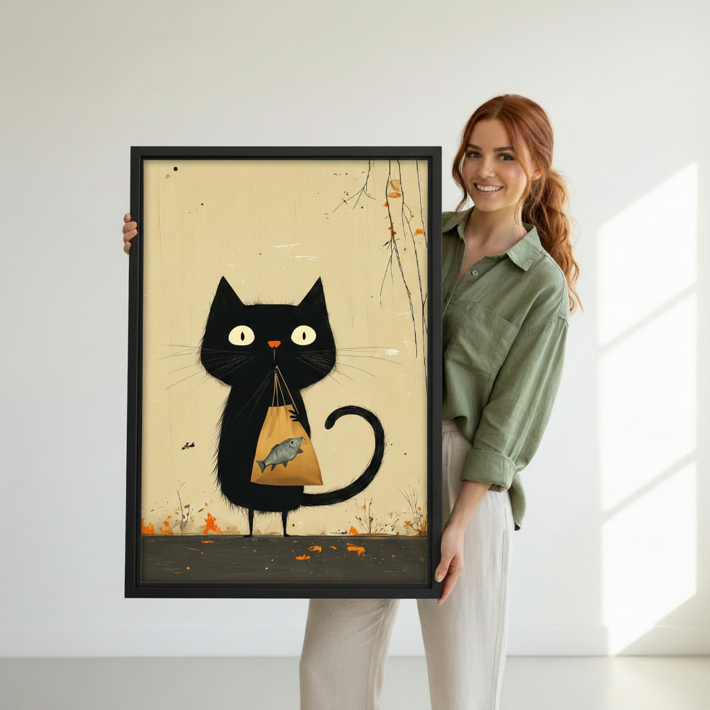 Black framed quirky black cat with fish bag canvas art held against white studio background
