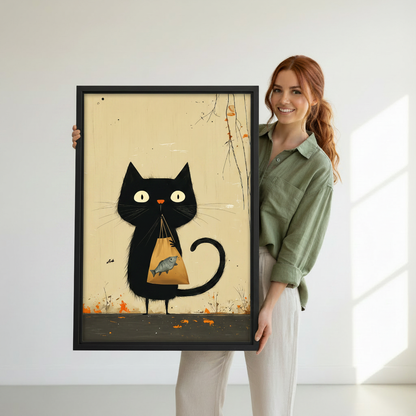 Black framed quirky black cat with fish bag canvas art held against white studio background