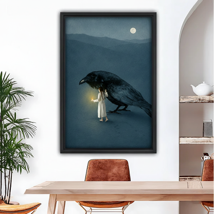 Girl with lantern and giant crow moonlit fantasy dark framed canvas wall art in black frame above dining table