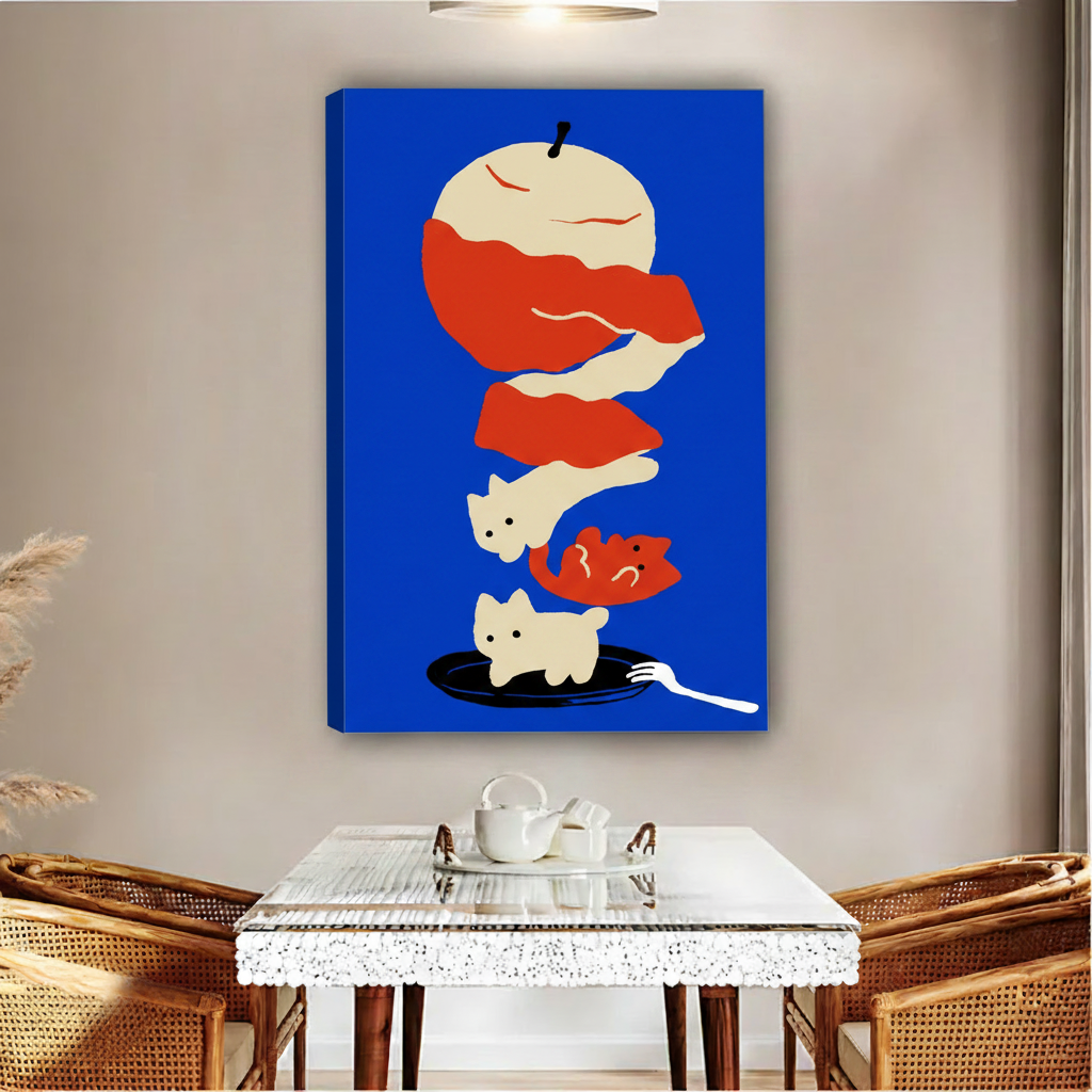 Bold blue graphic cat apple framed canvas print hanging in home office above wooden desk