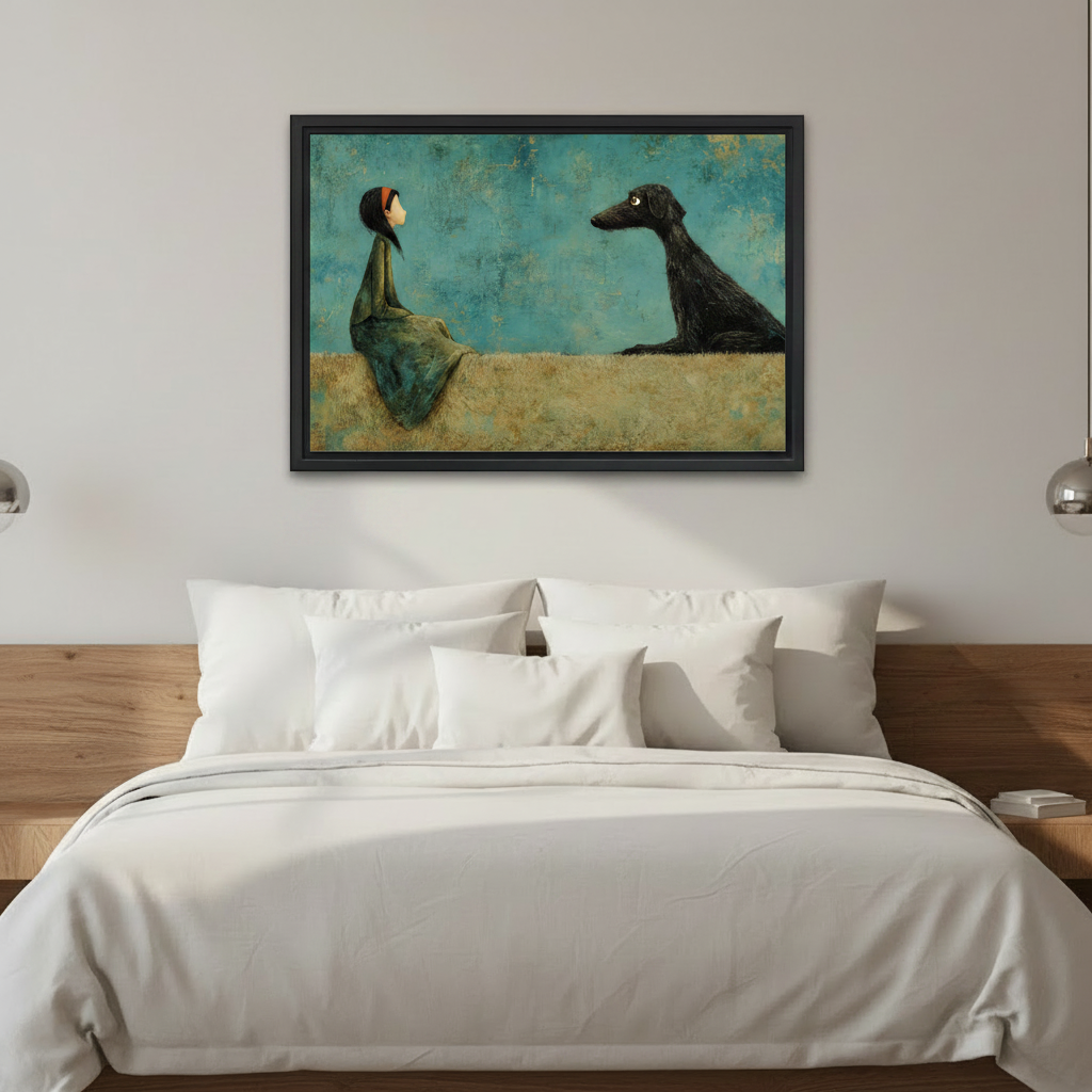 Framed whimsical dog and girl art print, unique wall decor for living room