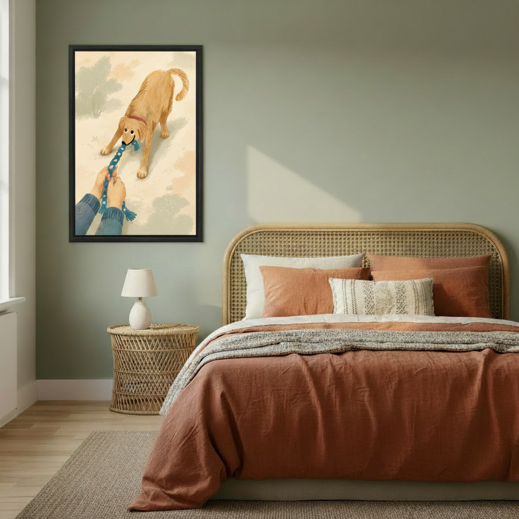 Stubborn golden retriever dog canvas print displayed in cozy bedroom — funny pet wall art for bedroom decor