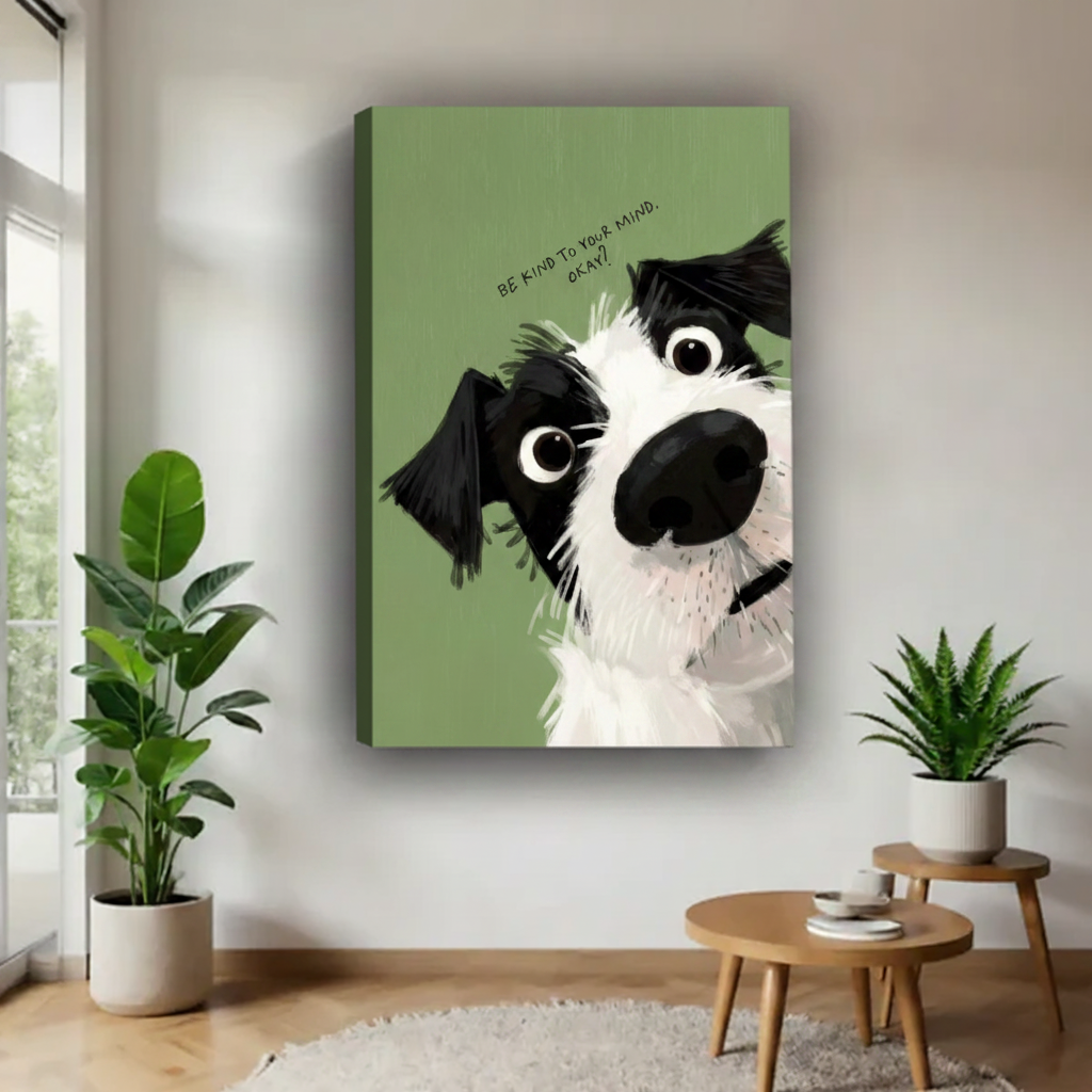 Border collie dog wall art canvas print with Be Kind To Your Mind quote — charming pet illustration for living room and bedroom