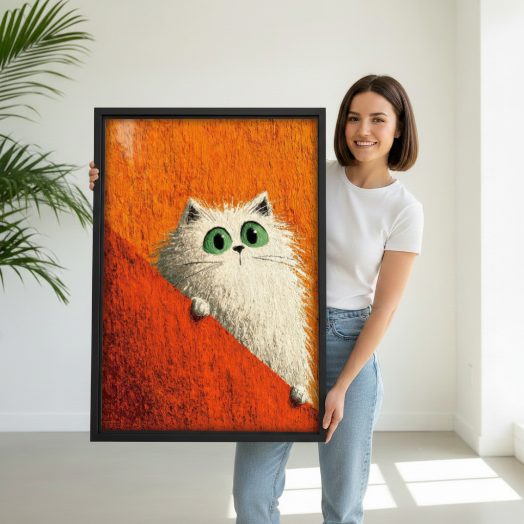 Cute white cat pop art framed print, black frame, whimsical green-eyed cat on orange background, displayed in a children's bedroom with bunk beds