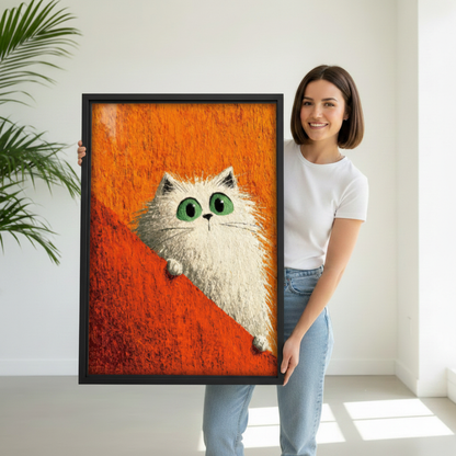 Cute white cat pop art framed print, black frame, whimsical green-eyed cat on orange background, displayed in a children's bedroom with bunk beds