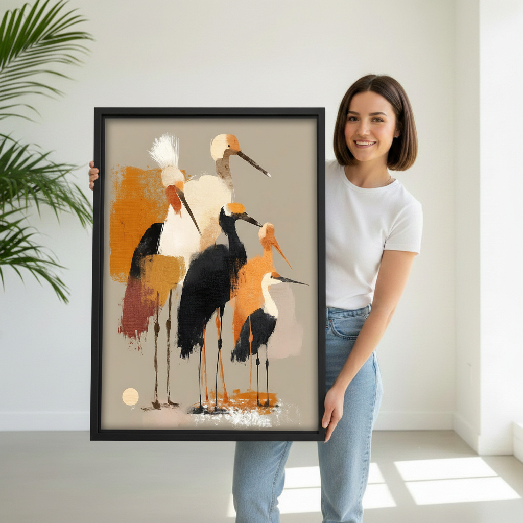 Woman holding abstract crane birds warm gold painterly framed canvas wall art print showing size