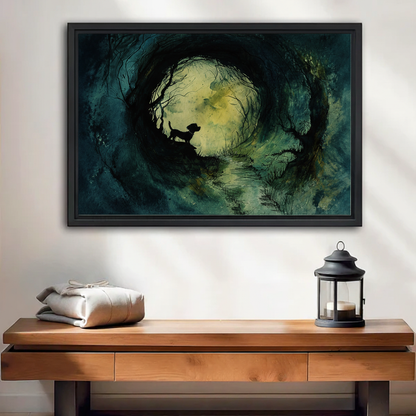 Mystical watercolor dog moonlight dark forest framed canvas wall art above entryway console, dark fantasy home decor