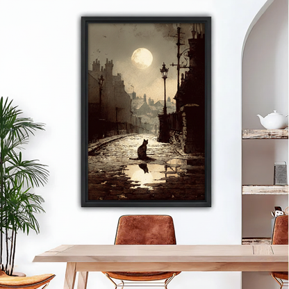 Gothic black cat moonlit cobblestone street vintage framed canvas wall art in dining room