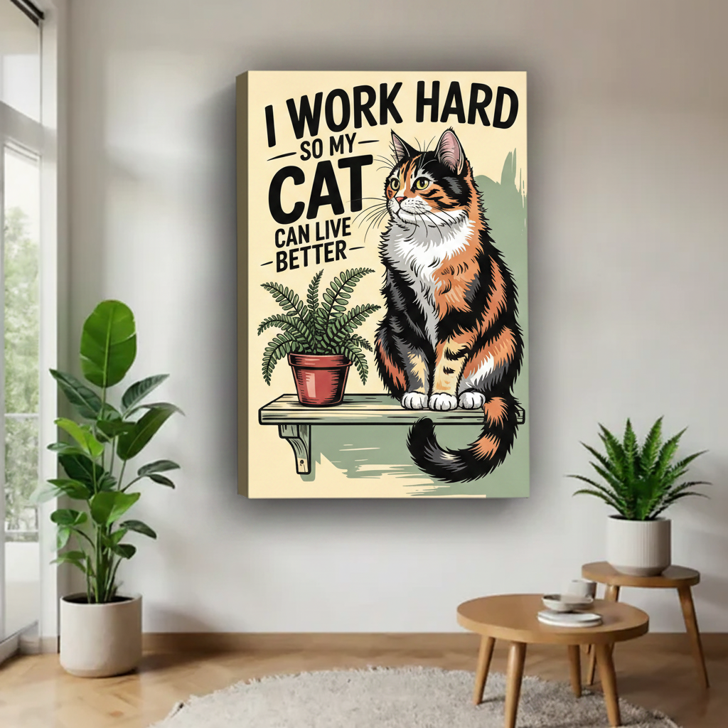 Funny cat quote gallery wrap canvas print — retro poster calico cat on shelf with fern, frameless humorous cat lover wall art