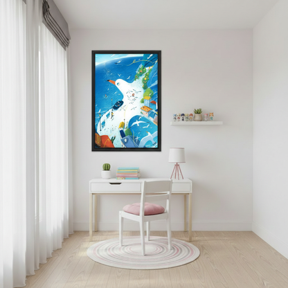 Coastal town giant seagull illustration canvas print, ocean blue wall art gift