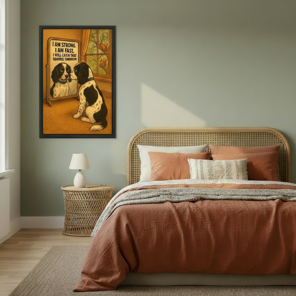 Dog mirror motivational quote framed canvas displayed above bed in cozy bedroom — funny spaniel illustration print for bedroom or kids room decor