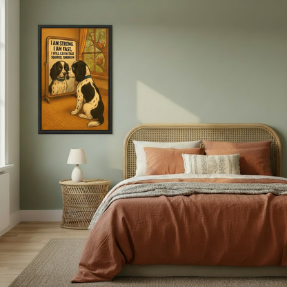 Dog mirror motivational quote framed canvas displayed above bed in cozy bedroom — funny spaniel illustration print for bedroom or kids room decor