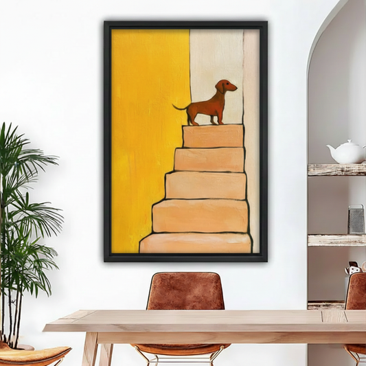 Minimalist dog on stairs canvas print with yellow and cream color block design