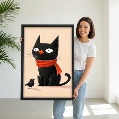 Woman holding funny black cat canvas wall art print with black frame against white studio background