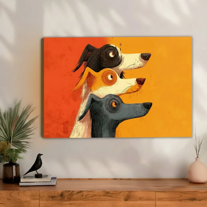 Funny three dogs wall art print — colorful stacked dog portrait, modern cartoon style, living room decor