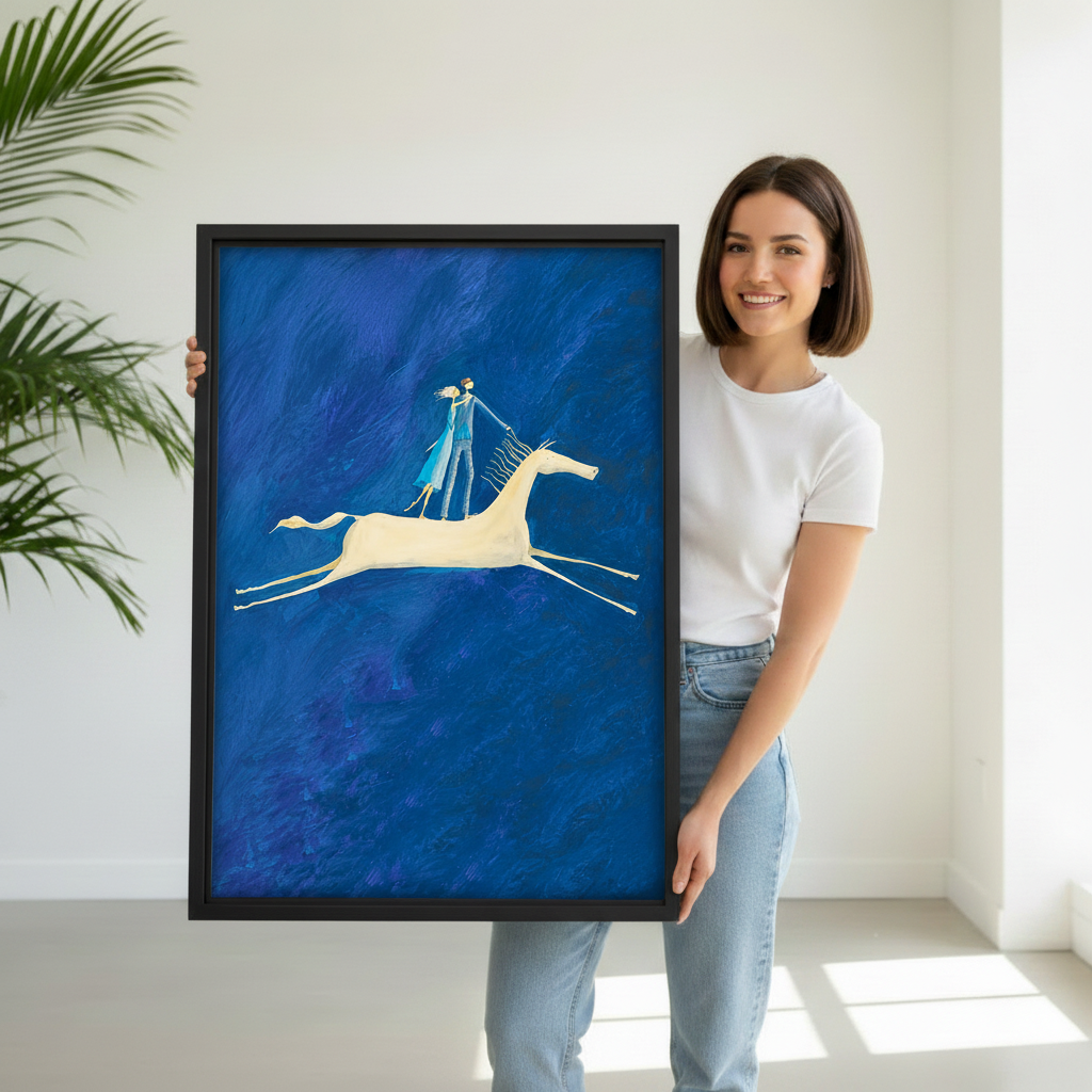 Woman holding blue romantic couple white horse fantasy framed canvas wall art print showing size