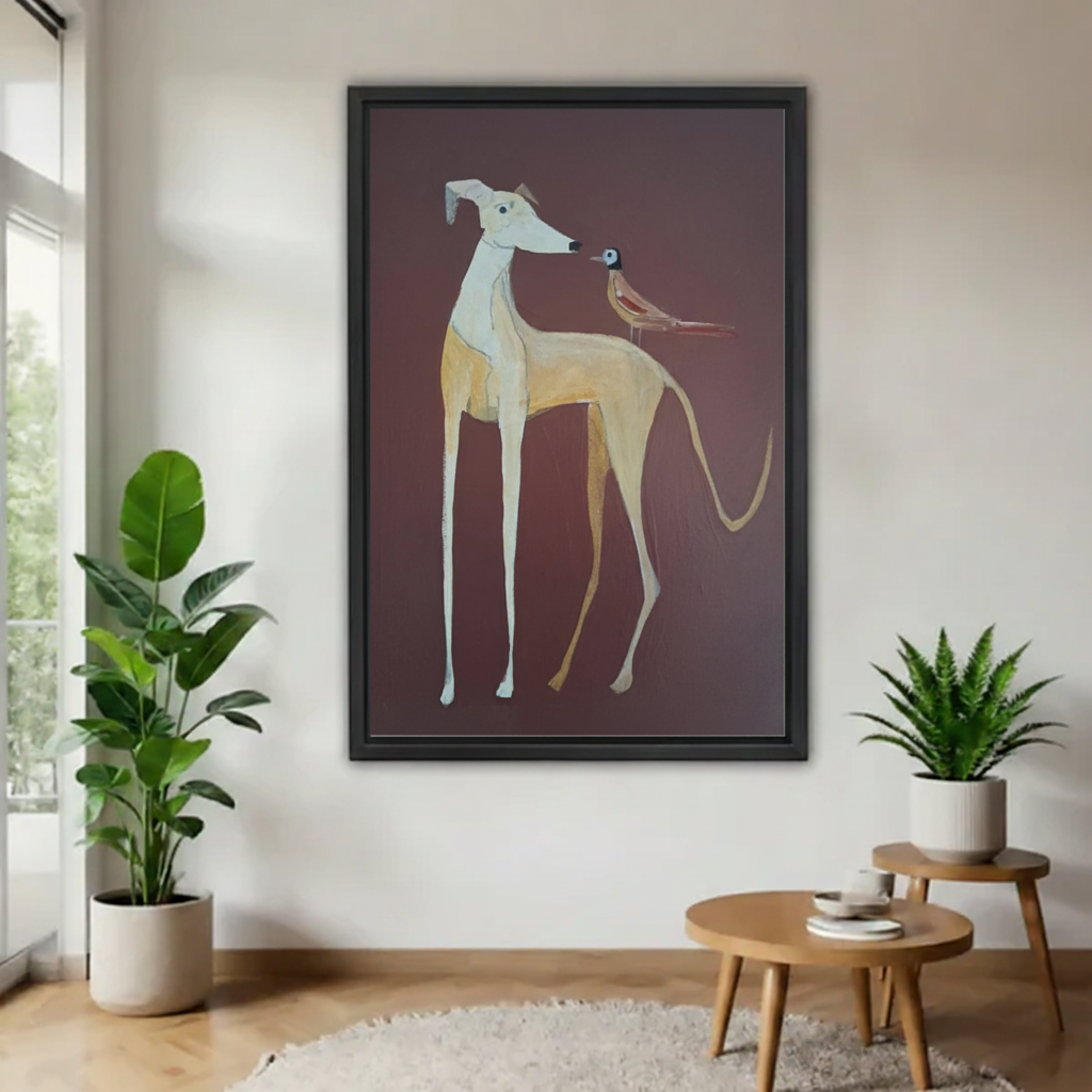 Greyhound bird elegant minimalist framed canvas wall art print in black frame with burgundy background — sophisticated dog home decor