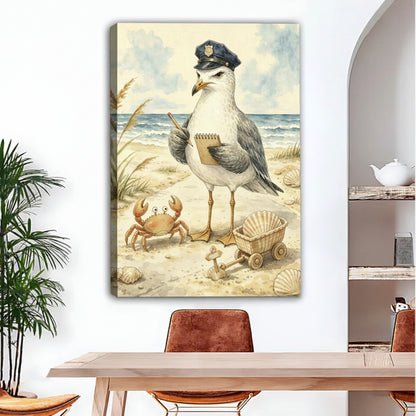 Seagull police with crab beach watercolor gallery wrap canvas art, frameless funny coastal illustration for living room decor