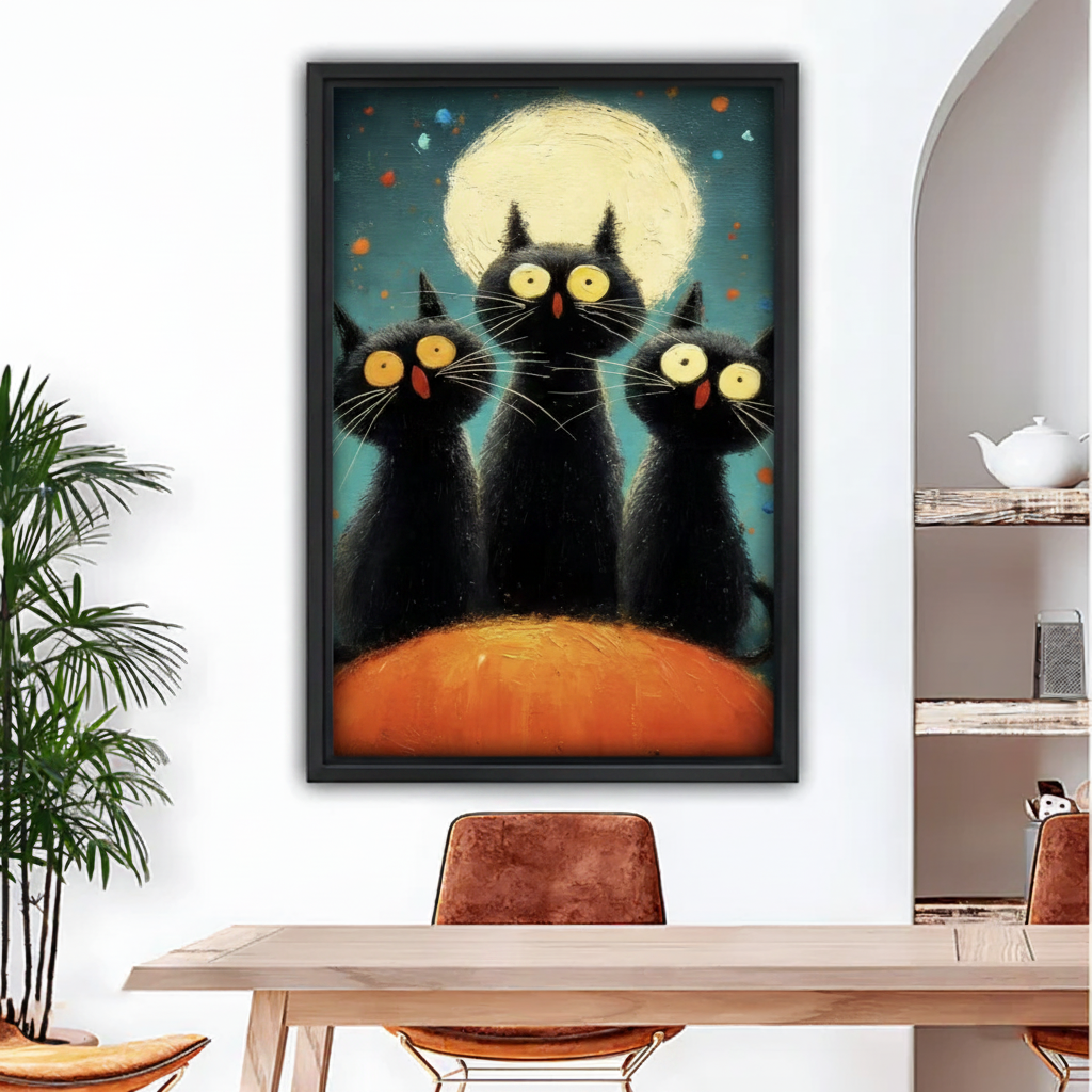 Whimsical black cats full moon framed canvas wall art, black frame, bold pop art cat illustration on teal night sky, displayed in a modern dining room