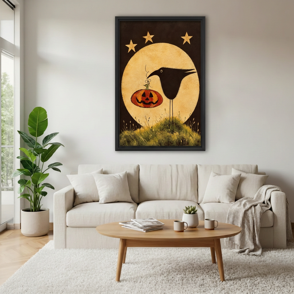 Moonlit Pumpkin Crow Canvas Wall Art L6232
