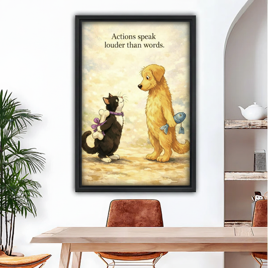 Cute cat and dog gift exchange quote framed canvas wall art above dining table, warm cream background