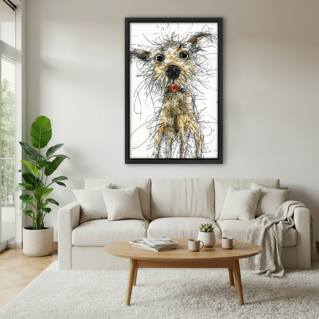 Wild ink sketch dog framed wall art above beige sofa in modern living room