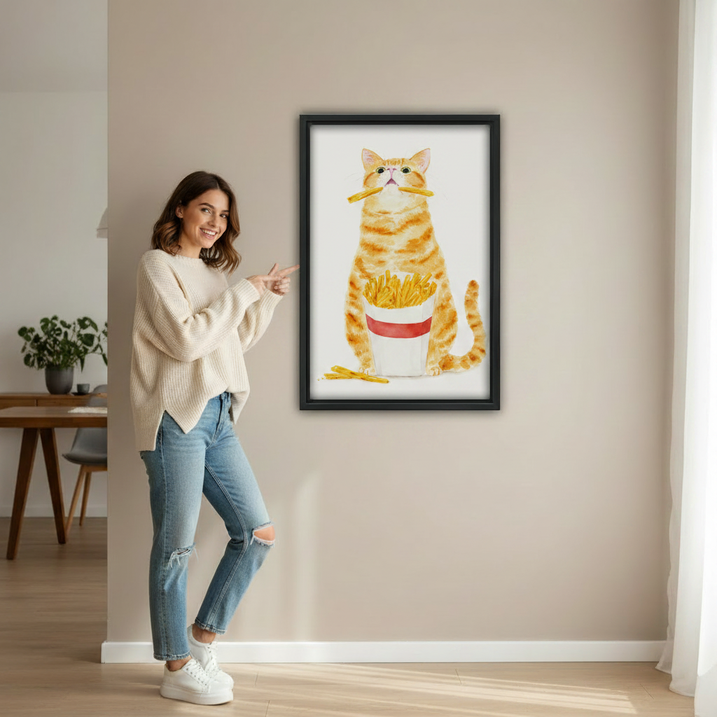 Watercolor cat french fries canvas print, funny dining room wall art gift