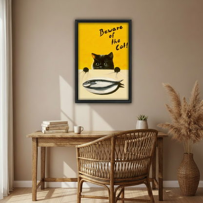 Beware of the Cat retro black cat framed canvas in living room, bold cat wall decor