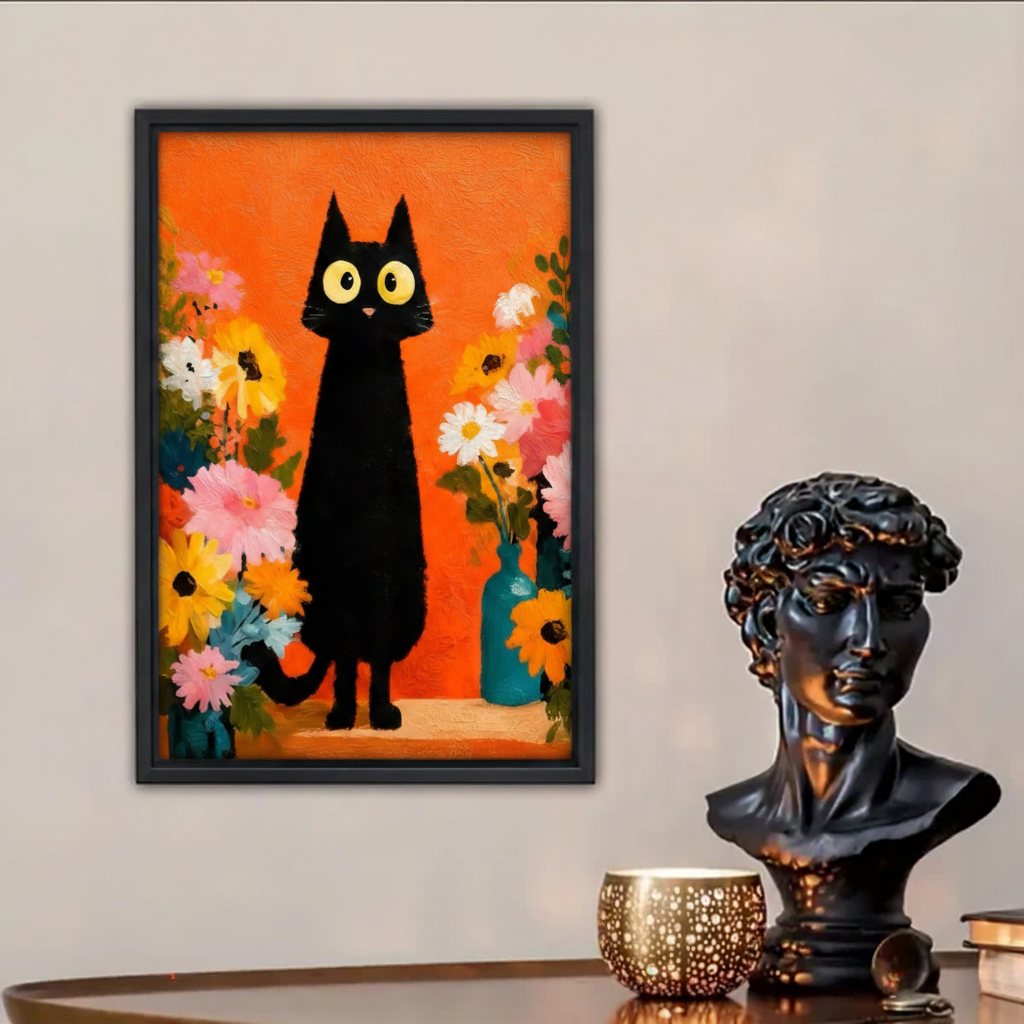 Black cat pop art framed canvas wall print with vibrant orange background and colorful floral arrangement