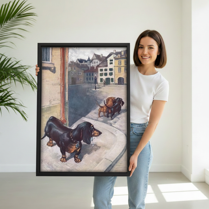 Woman holding vintage dachshund heartbreak wall art print, funny European street dog illustration, perfect dog lover gift