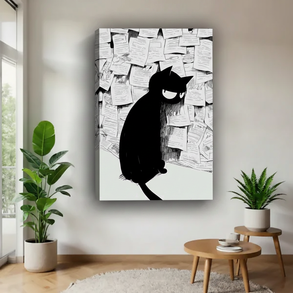 Black cat sketch wall art canvas print displayed in minimalist living room — funny cat lover gift, unframed canvas style