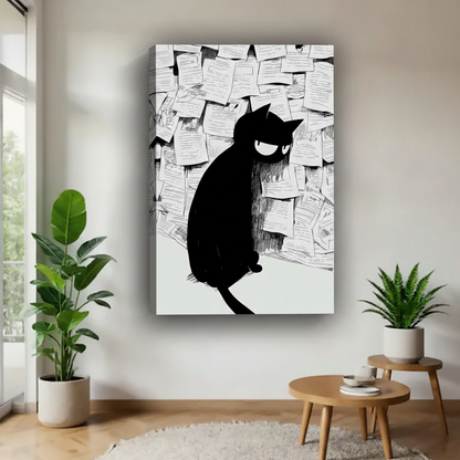 Black cat sketch wall art canvas print displayed in minimalist living room — funny cat lover gift, unframed canvas style