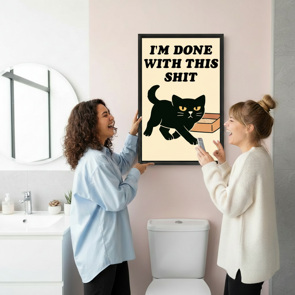 Woman holding funny black cat bathroom humor framed wall art print, retro cat illustration poster