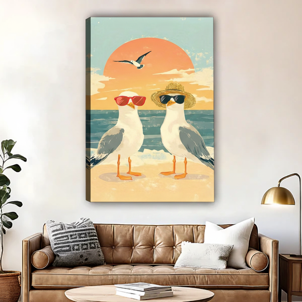 Retro seagulls wearing sunglasses beach scene frameless canvas wall art, gallery wrap coastal print for living room decor