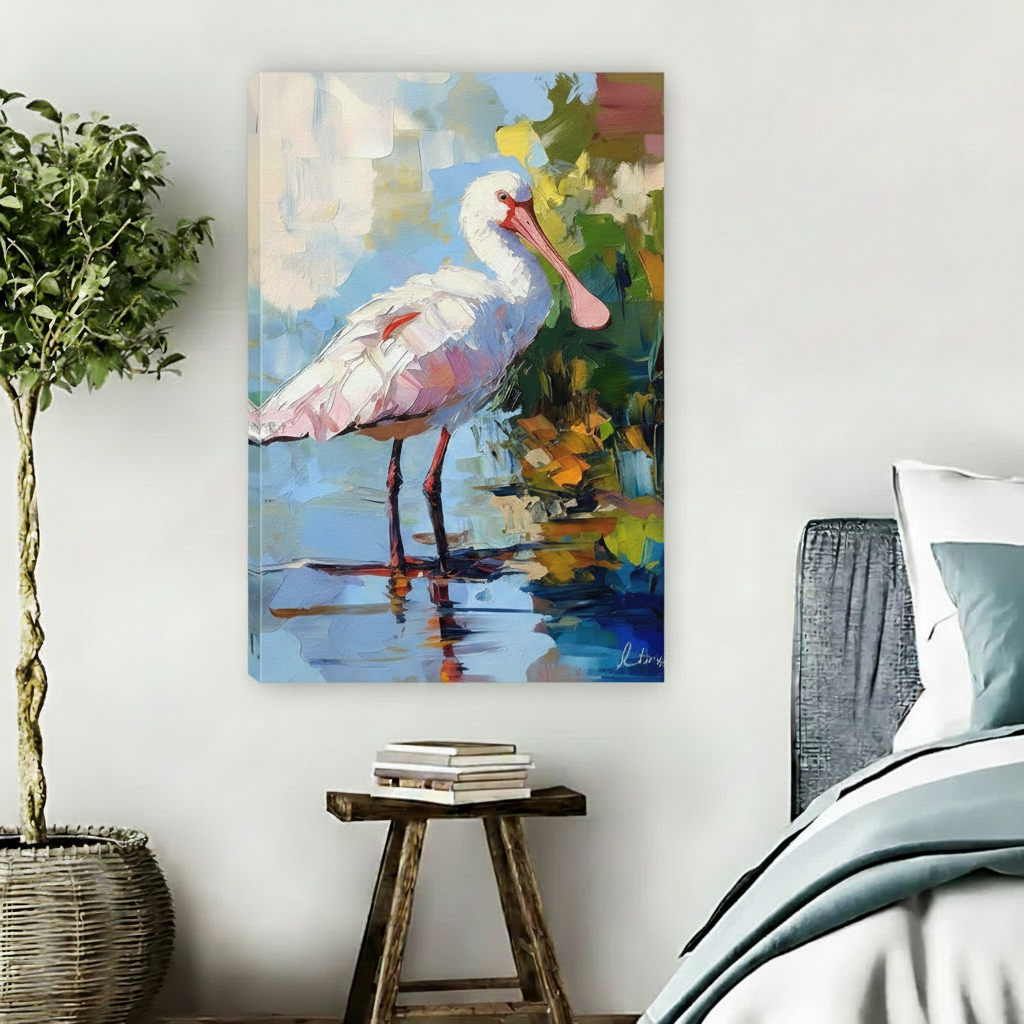 Colorful spoonbill bird oil painting frameless canvas wall art, gallery wrap nature print for living room decor