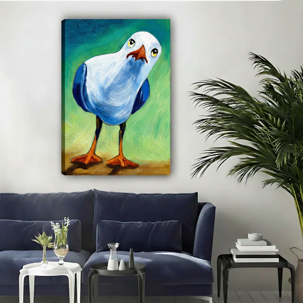 Gallery wrap quirky seagull oil painting canvas print in cozy bedroom with wooden stool