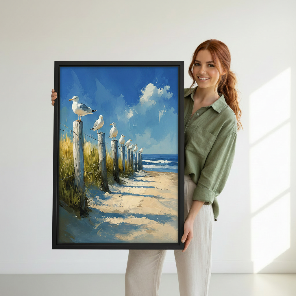 Coastal seagull canvas wall art in black frame in minimalist living room — impressionist beach painting with seagulls and ocean waves