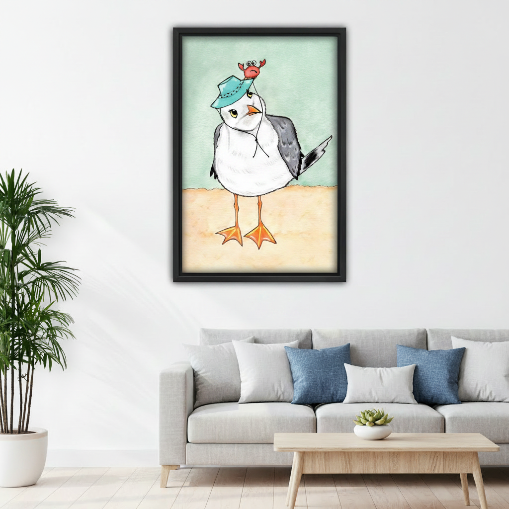 Seagull with crab hat watercolor canvas wall art – black frame styled above rustic desk in home office