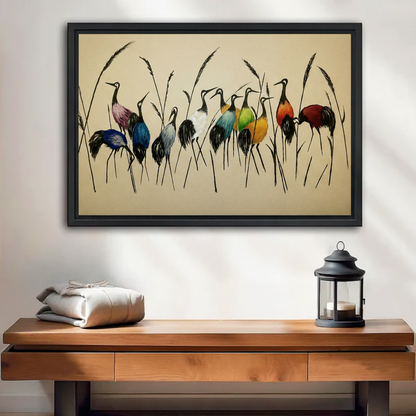 Colorful crane framed canvas wall art with ink reed grass, warm beige background