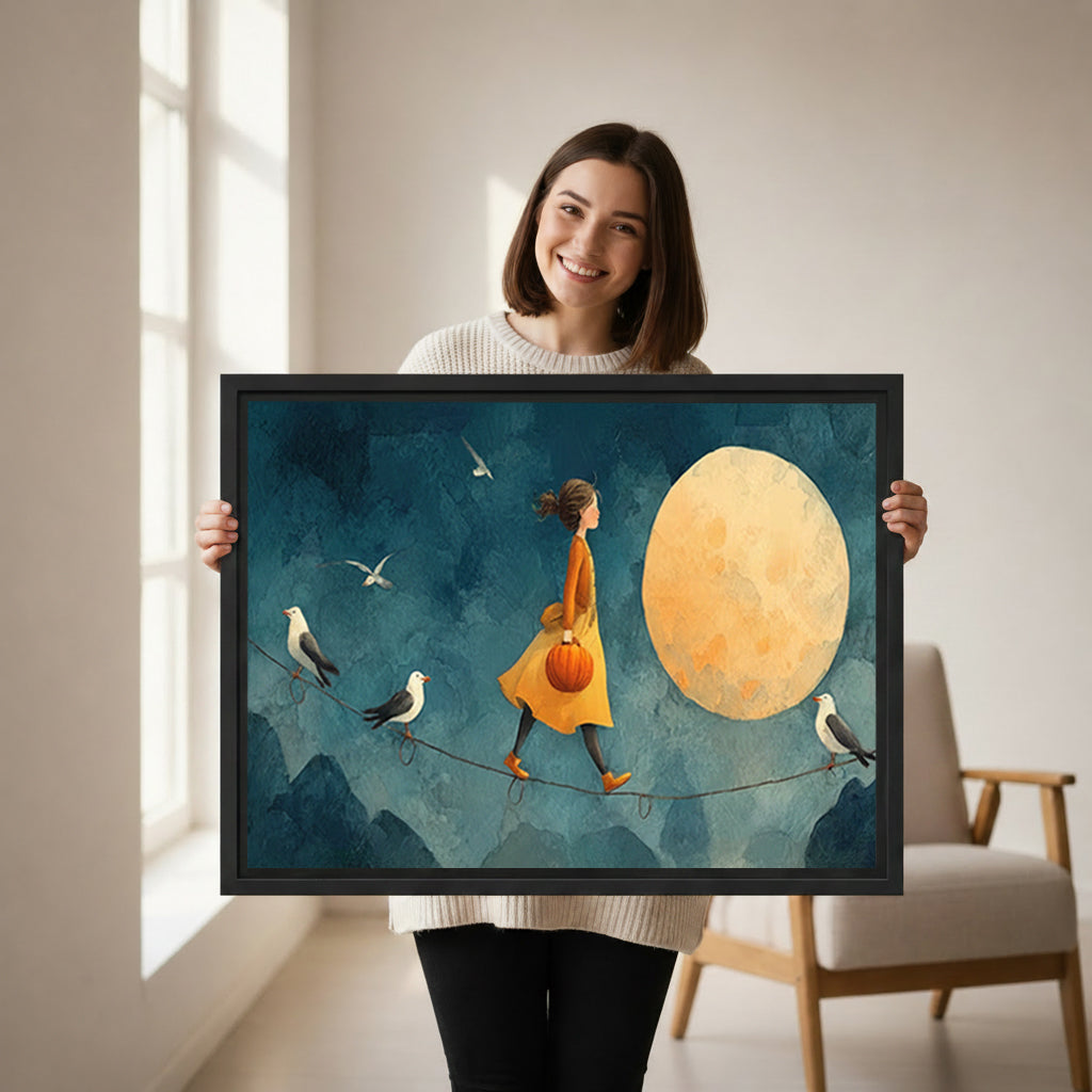 Woman holding large framed moonlit girl tightrope seagulls dreamy fantasy canvas wall art print