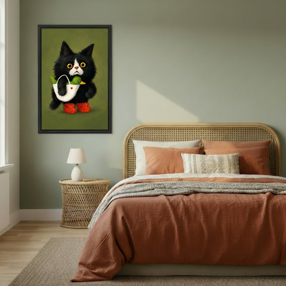 Funny tuxedo cat framed wall art above beige sofa in bright modern living room