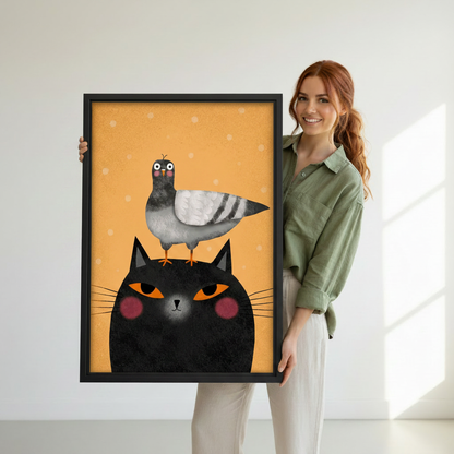Woman holding funny black cat pigeon framed art print against white wall — humorous cat wall art lifestyle photo